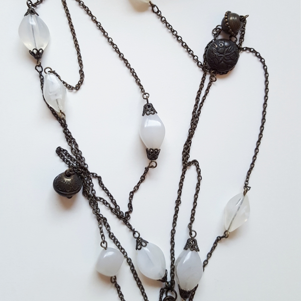 Vintsge Long White Gems Clear Glass Beaded🔥 Brass Chain Necklace